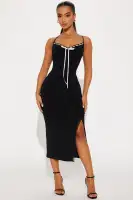 Elegant Black Lace Trim Midi Dress with V-Neck & Spaghetti Straps – Bow Detail & Side Slit