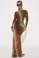 Leopard Print Mesh Maxi Dress - High Neck, Long Sleeve, Stretchy & Lined with Hidden Zipper