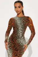 Leopard Print Mesh Maxi Dress - High Neck, Long Sleeve, Stretchy & Lined with Hidden Zipper(Leopard,XS)
