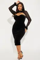 Elegant Black Velvet Midi Dress Set with Mesh Bolero – Sweetheart Neckline & Corset Waist(Black,XS)
