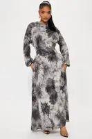 Tie Dye Maxi Dress with Hood & Pockets – Unique Long Sleeve Stretch Comfort (Grey/Combo)