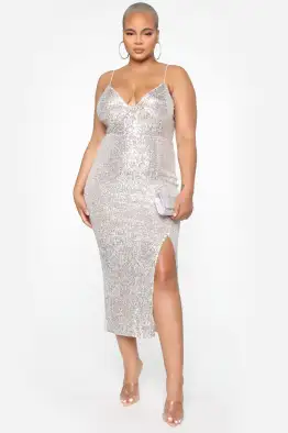 "Elegant Silver Sequin Midi Dress – Spaghetti Strap, V-Neck & Slit with Back Zipper, Stretchy & Lined(Silver,XS)