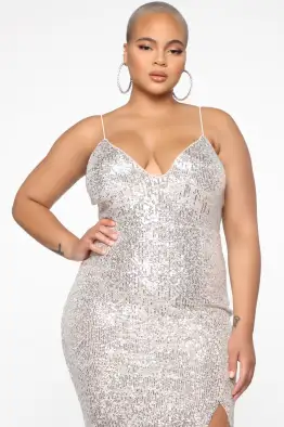 "Elegant Silver Sequin Midi Dress – Spaghetti Strap, V-Neck & Slit with Back Zipper, Stretchy & Lined(Silver,XS)