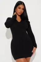 Stylish Ribbed Mini Dress - V-Neck, Long Sleeve Bodycon in 4 Colors (Chestnut/Rose/Black/Blue)(Black,XS)