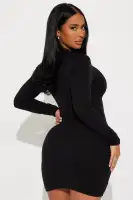 Stylish Ribbed Mini Dress - V-Neck, Long Sleeve Bodycon in 4 Colors (Chestnut/Rose/Black/Blue)(Black,XS)