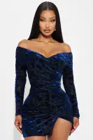 Off-Shoulder Mesh Mini Dress with Floral Print & Side Slit - Navy Blue Stretch Polyester(Navy,XS)