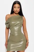Chic Olive Faux Leather Mini Dress - One Shoulder Ruched Design with Side Zipper(Olive,XS)