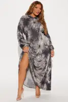 Tie Dye Maxi Dress with Hood & Pockets – Unique Long Sleeve Stretch Comfort (Grey/Combo)(Grey/combo,XS)