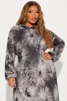 Tie Dye Maxi Dress with Hood & Pockets – Unique Long Sleeve Stretch Comfort (Grey/Combo)(Grey/combo,XS)