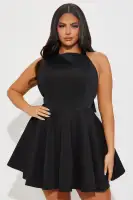 Elegant Black Bow Pleated Mini Dress - High Square Neckline & Backless Halter Design(Black,XS)