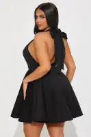 Elegant Black Bow Pleated Mini Dress - High Square Neckline & Backless Halter Design(Black,XS)