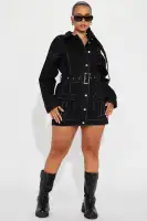 Black Denim Mini Dress with Collar, Long Sleeves & Cargo Pockets – 97% Cotton, 3% Spandex(Black,XS)