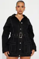 Black Denim Mini Dress with Collar, Long Sleeves & Cargo Pockets – 97% Cotton, 3% Spandex(Black,XS)