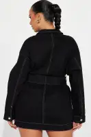 Black Denim Mini Dress with Collar, Long Sleeves & Cargo Pockets – 97% Cotton, 3% Spandex(Black,XS)