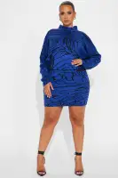 Stylish Abstract Pattern Sweater Mini Dress - Long Dolman Sleeve, Mock Neck, Stretchy Fit (White/Black/Royal)(Royal/combo,XS)