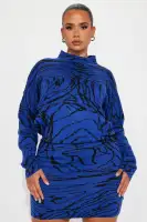 Stylish Abstract Pattern Sweater Mini Dress - Long Dolman Sleeve, Mock Neck, Stretchy Fit (White/Black/Royal)(Royal/combo,XS)