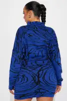 Stylish Abstract Pattern Sweater Mini Dress - Long Dolman Sleeve, Mock Neck, Stretchy Fit (White/Black/Royal)(Royal/combo,XS)