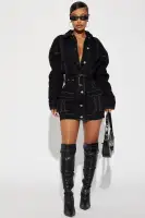 Black Denim Mini Dress with Collar, Long Sleeves & Cargo Pockets – 97% Cotton, 3% Spandex(Black,XS)