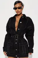 Black Denim Mini Dress with Collar, Long Sleeves & Cargo Pockets – 97% Cotton, 3% Spandex