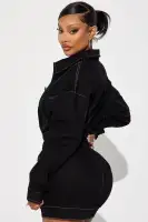 Black Denim Mini Dress with Collar, Long Sleeves & Cargo Pockets – 97% Cotton, 3% Spandex(Black,XS)