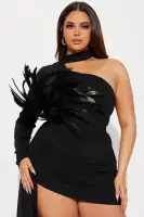 Elegant One-Shoulder Mini Dress with Feather & Ruched Detail - Orange & Black(Black,XS)