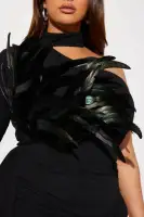 Elegant One-Shoulder Mini Dress with Feather & Ruched Detail - Orange & Black(Black,XS)