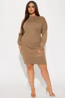 Stylish Olive & Brown Mock Neck Sweater Mini Dress - Long Dolman Sleeves, Loose Top & Tight Bottom Stretch - 36 Length - 83% Polyester 17% Nylon(Brown/combo,XS)