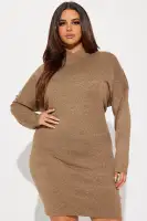 Stylish Olive & Brown Mock Neck Sweater Mini Dress - Long Dolman Sleeves, Loose Top & Tight Bottom Stretch - 36 Length - 83% Polyester 17% Nylon(Brown/combo,XS)