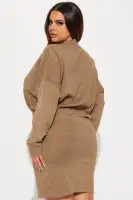 Stylish Olive & Brown Mock Neck Sweater Mini Dress - Long Dolman Sleeves, Loose Top & Tight Bottom Stretch - 36 Length - 83% Polyester 17% Nylon(Brown/combo,XS)