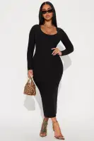 Elegant Black & Red Midi Dress - Long Sleeve Scoop Neck Stretch Polyester Blend