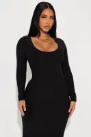 Elegant Black & Red Midi Dress - Long Sleeve Scoop Neck Stretch Polyester Blend(Black,S)