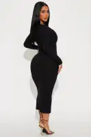 Elegant Black & Red Midi Dress - Long Sleeve Scoop Neck Stretch Polyester Blend(Black,S)