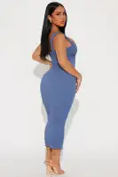 Stylish Textured Square Neck Midi Dress - Rust & Denim, Sleeveless & Stretchy (44 Length)(Blue,XS)