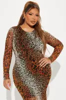 Leopard Print Mesh Maxi Dress - High Neck, Long Sleeve, Stretchy & Lined with Hidden Zipper(Leopard,XS)