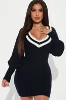 Off-Shoulder V-Neck Sweater Dress with Balloon Sleeves – Navy/Combo