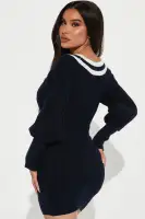 Off-Shoulder V-Neck Sweater Dress with Balloon Sleeves – Navy/Combo(Navy/combo,XS)