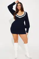 Off-Shoulder V-Neck Sweater Dress with Balloon Sleeves – Navy/Combo(Navy/combo,XS)