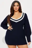 Off-Shoulder V-Neck Sweater Dress with Balloon Sleeves – Navy/Combo(Navy/combo,XS)