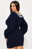 Off-Shoulder V-Neck Sweater Dress with Balloon Sleeves – Navy/Combo(Navy/combo,XS)