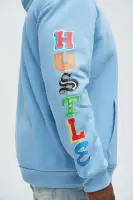 Drawstring Long Sleeve Screen Print Hoodie (Blue)(Blue,S)