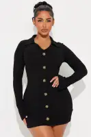 Stylish Ribbed Mini Shirt Dress - Long Sleeves with Slit Collar & V-Neck in Black, Rust, Taupe(Black,XS)