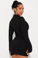 Stylish Ribbed Mini Shirt Dress - Long Sleeves with Slit Collar & V-Neck in Black, Rust, Taupe(Black,XS)