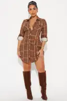Stylish Plaid Mini Shirt Dress - Collared Neckline, Long Sleeves, Button-Up (Brown/Combo & Orange/Combo)(Brown/combo,XS)