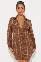 Stylish Plaid Mini Shirt Dress - Collared Neckline, Long Sleeves, Button-Up (Brown/Combo & Orange/Combo)