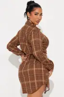 Stylish Plaid Mini Shirt Dress - Collared Neckline, Long Sleeves, Button-Up (Brown/Combo & Orange/Combo)(Brown/combo,XS)