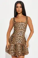 Leopard Print Bubble Mini Dress - Stretchy Scoop Neck Sleeveless Party Dress(Leopard,XS)