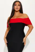 Sexy Off-Shoulder Bandage Midi Dress with Contrast Foldover & Back Zipper – Black/Red(Black/Red,XS)