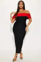 Sexy Off-Shoulder Bandage Midi Dress with Contrast Foldover & Back Zipper – Black/Red(Black/Red,XS)