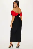 Sexy Off-Shoulder Bandage Midi Dress with Contrast Foldover & Back Zipper – Black/Red(Black/Red,XS)
