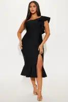 Elegant Black Bandage Midi Dress – One Shoulder Sleeveless with Ruffle Detail & Peplum Hem(Black,XS)